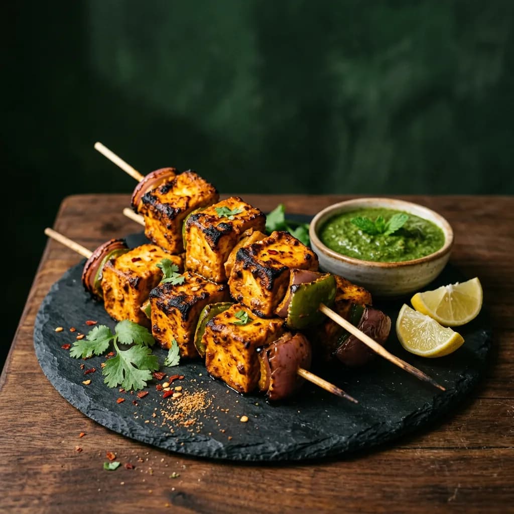 Skewers of charred paneer tikka with onion and capsicum, mint chutney and lemon on a slate plate