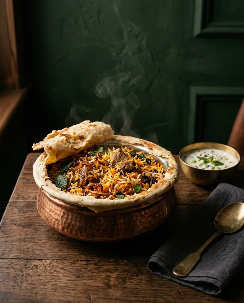 Dum biryani in a copper handi, its pastry seal broken open to show saffron rice and meat