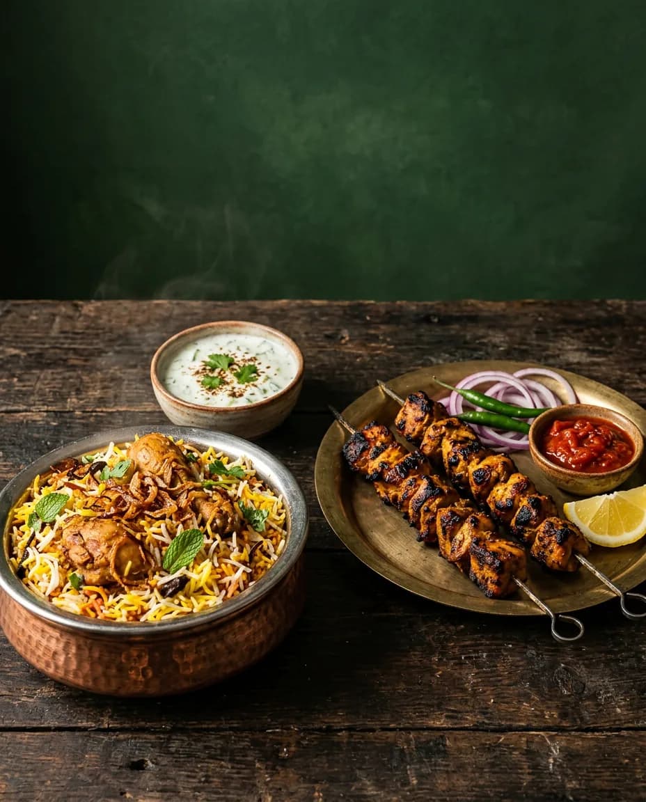 Chicken biryani in a copper handi beside chicken sekuwa skewers on a brass plate with sliced onion, green chillies, tomato achar and lemon
