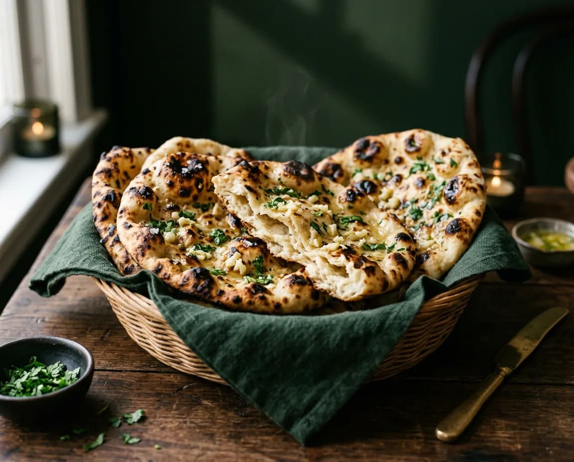 Blistered garlic naan brushed with butter and coriander in a cloth-lined basket