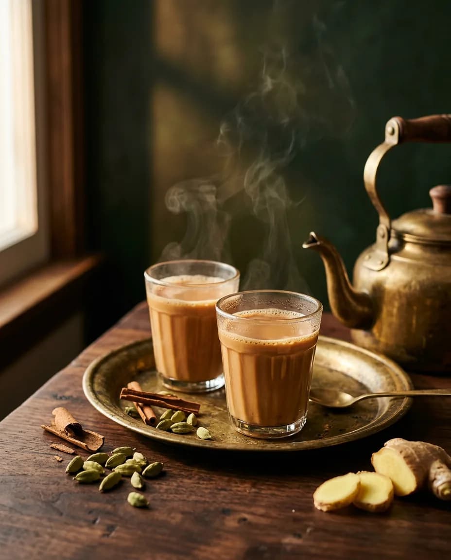 Two glasses of steaming masala chai on a brass tray with cardamom, cinnamon and ginger