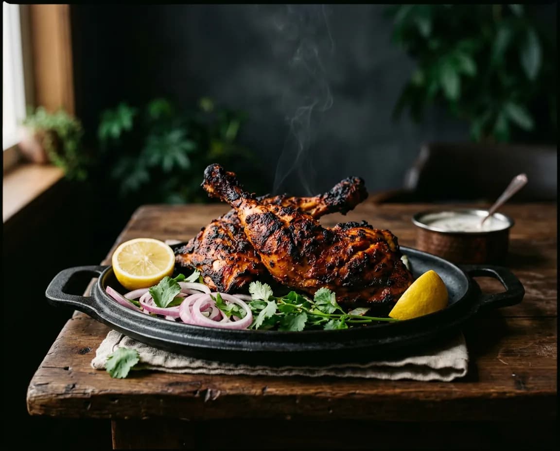 Smoky tandoori chicken on a cast-iron sizzler with onion rings, lemon and coriander